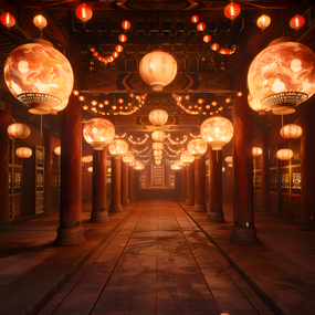 中式特色古建筑张灯结彩图片